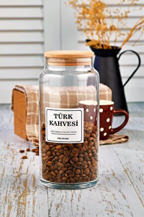 Ahşap KapaklıTürk Kahvesi Saklama Kabı 1300 Ml Cam Kavanoz