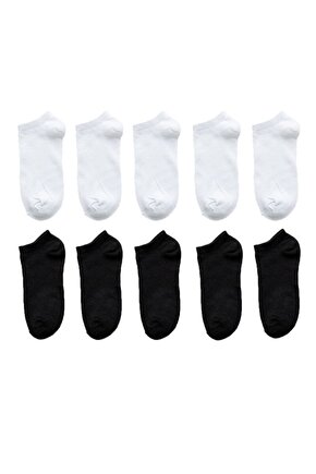 Unisex 10 Çift Koton Siyah + Beyaz Renk Patik Çorap