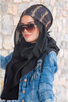 Siyah Gold Yazı Bandana Hijab - 50102