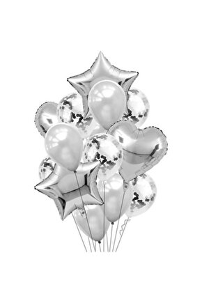 Konfetili Gümüş Balon Set Parti Seti Doğum Günü Seti