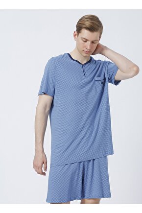 30811 V Yaka Normal Bel Baskılı Mavi Erkek Pijama Takımı