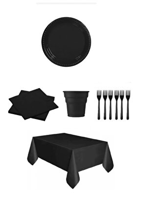 Siyah Renk Plastik Tabak, Bardak, Çatal, Peçete Ve Tek Kullanımlık Masa Örtüsü Seti