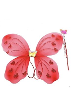 Kırmızı Kelebek Kanadı -taç - Asa - Set Kız Çocuğu - Kostüm