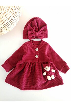 Kız Bebek Ahşap Düğmeli Ayıcıklı Boneli Kışlık Elbise Kırmızı
