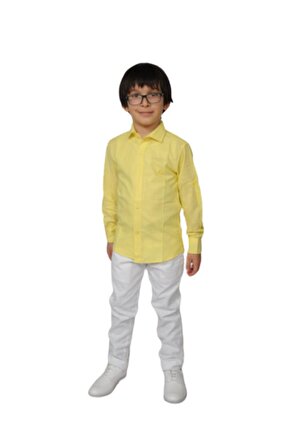 Erkek Çocuk Sarı Keten Uzun Kol Gömlek