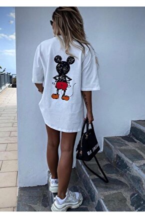 Oversize Beyaz Mickey Mause Tişört