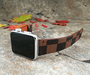 Evdeka Apple Watch Spor Ekose Desenli Deri Kordon 44 mm