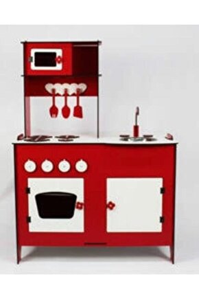 Büyük Boy Eğitici Ahşap Montessori Mutfak Seti Kırmızı 98x70cm