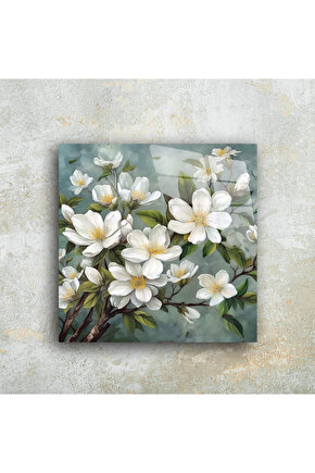 Beyaz Çiçekler Cam Tablo Duvar Dekoru