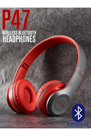 P47 Bluetooth Kulaklık Yükses Ses Ve Bass Fm Radyo Kablosuz Kırmızı