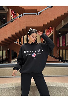 Kadın Oversize BeverlyHils Ön Baskılı Siyah Kapşonlu Sweatshirt