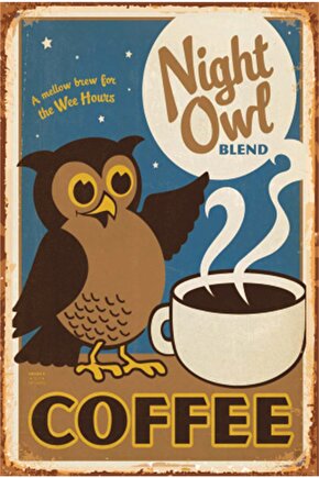 Gececi Baykuş Kahve Mutfak Retro Ahşap Poster