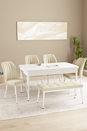 Floryn Mdf Beyaz Açılabilir 80x132 Cm 4 Sandalyeli Benchli Mutfak Masası Takımı