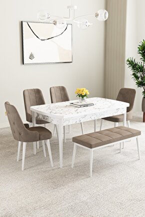 Clara Beyaz Mermer Desen 80x132 Açılabilir Mutfak Masası Takımı 4 Sandalye, 1 Bench