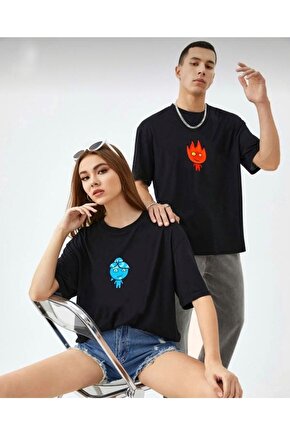 Oversize Unisex Ateş Ve Su Baskı Detaylı Sevgili Kombini Siyah Tshirt