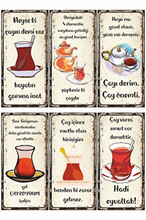 Çay Sözleri Mutfak Dekorasyonu 6lı Mini Retro Ahşap Poster