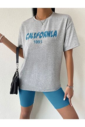 Kadın Oversize California 1991 Baskılı Bisiklet Yaka Gri Tshirt