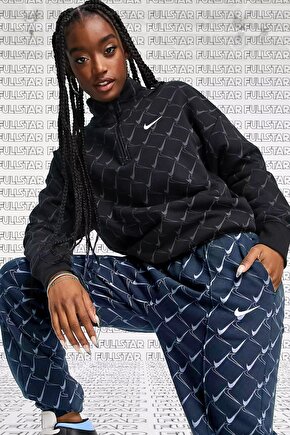 Trend Swoosh Printed Fleece Hoodie 14 Zip Yarım Fermuarlı Sweatshirt Siyah