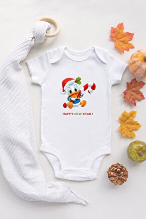 Happy New Year Yılbaşı Baby Daffy Duck Organik Baskılı %100 Pamuklu Beyaz Çıtçıtlı Body Zıbın
