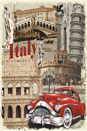 italya roma pizza kulesi klasik araba turistik gezi retro ahşap poster