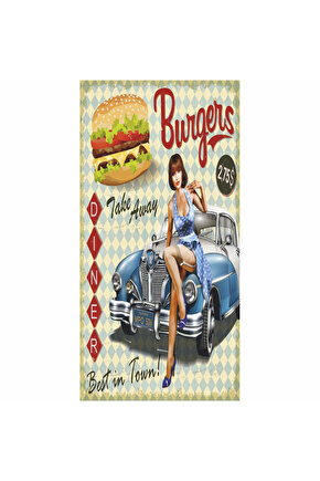 pin up kızı klasik araba hamburger fast food dekorasyon tablo mini retro ahşap poster
