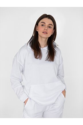 Düz Renk Baskısız 3 Iplik Kalın Beyaz Hoodie Sweatshirt