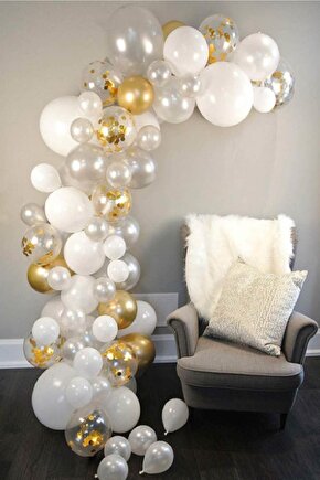 Altın-beyaz-şeffaf Renkler Dekorasyon Balon Zinciri 62 Parça
