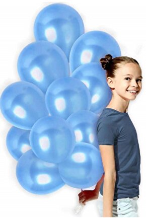 100 Adet Metalik Mavi Balon