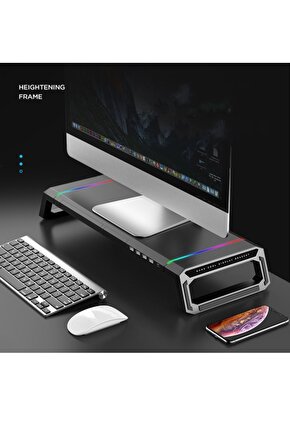 Laptop Sehpası RGB Işıklı Mönitör Standı Ekran Altlığı 4 Usb Hub Telefon Tutuculu