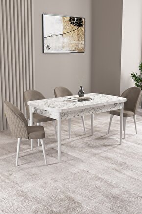 Lima Beyaz Mermer Desen 70x114 Mdf Açılabilir Mutfak Masası Takımı 4 Adet Sandalye