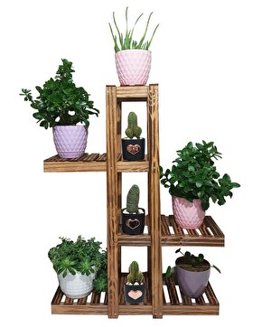 8 Saksılık Dekoratif Doğal Ahşap Çiçeklik Bahçe-Balkon Saksı Standı