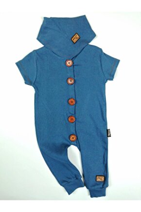Erkek Bebek Fularlı Ribana Kumaş Yazlık Tulum Açık Indigo