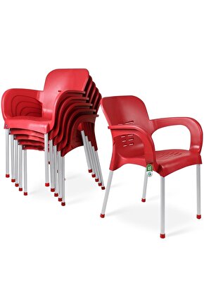 6 Ad Kırmızı Metal Ayaklı Bahçe Sandalyesi 6 Ad Krem Renk Minder
