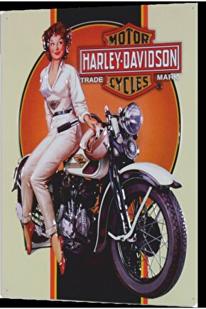 Klasik Motor Üzerinde Kadın Retro Ahşap Poster