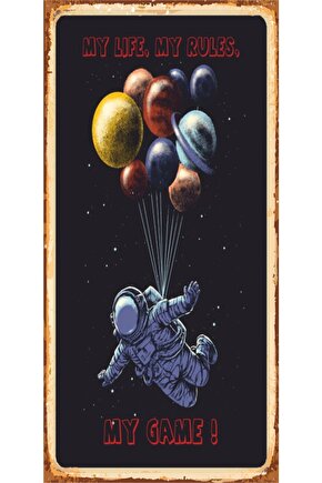 Uzayda Balonla Dolaşan Astronot Mini Retro Ahşap Poster