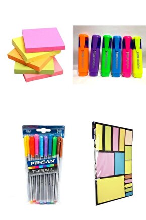 13 Parça Kırtasiye Seti ( Renkli Tükenmez Kalem + Post-it + Fosforlu Kalem + A4 Post-it Seti )