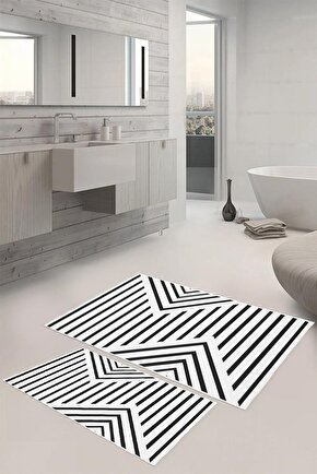 ŞÖLEN HALI Modern Desen Siyah Beyaz Banyo Paspas Klozet Takımı 2 Li 60x100 40x60 