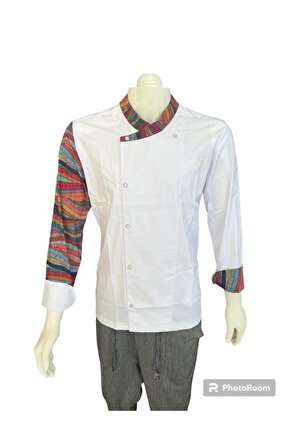 Beyaz Renk Desenli Aşçı Ceket Chef Master Ceketi Mutfak kıyafeti Mutfak Uzun kollu İş Ceketi