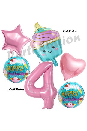 Pastane Şeker Cupcake Konsept 4 Yaş Doğum Günü Balon Set İce Cream Tema Doğum Günü Balon