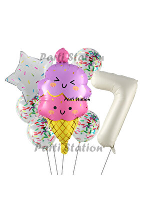 Dondurma İce Cream Konsept Doğum Günü 7 Yaş Balon Set Yaz Tema Sevimli Dondurma Folyo Balon Set