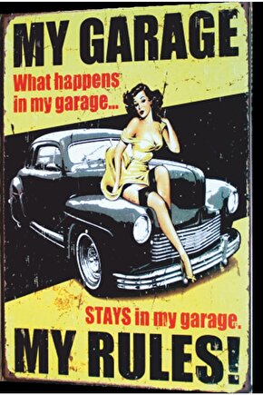 Klasik Araba Benim Garajım Benim Kurallarım Retro Ahşap Poster