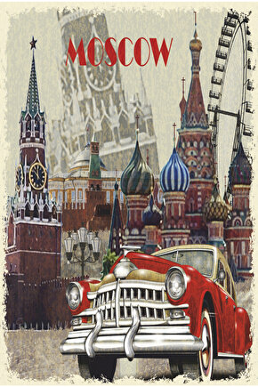 rusya moskova kremlin sarayı kızıl meydan klasik araba retro ahşap poster