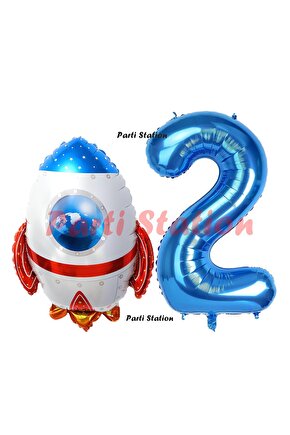 Uzay Konsept Roket Balon 2 Yaş Doğum Günü Set Uzay Konsept Balon ve Lacivert Rakam Balon