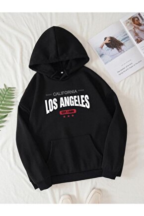 Kapşonlu Oversize Beyaz Los Angeles Baskılı Siyah Sweatshirt