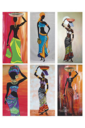 otantik afrikalı kadınlar renkli estetik dekor tablo 6lı mini retro ahşap poster seti
