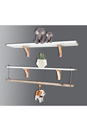 Halatlı Askılı Ahşap Beyaz Dekoratif Duvar Rafı Derinlik 20 Cm 2li