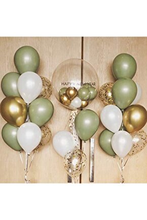 Krom Gold - Küf Yeşili Ve Pastel Beyaz Renk Balon 9 Adet