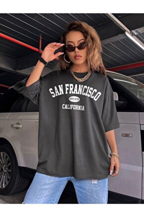 Kadın Oversize San Francisco Baskılı Antrasit Penye Tshirt