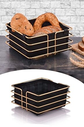 Kare Ekmek Sepeti Çok Amaçlı Metal Kutu Lüx Paslanmaz Sepet Siyah Kumaş