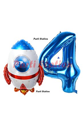 Uzay Konsept Roket Balon 4 Yaş Doğum Günü Set Uzay Konsept Balon ve Lacivert Rakam Balon